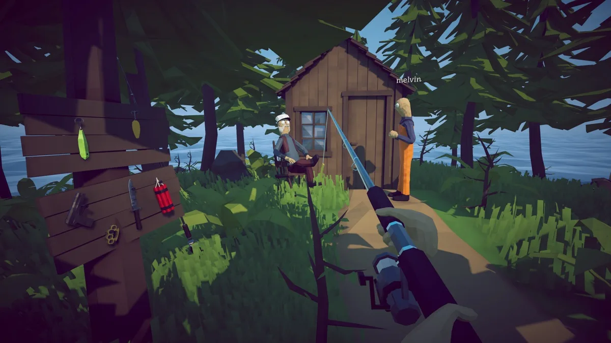 A player carrying a fishing rod walks toward a wooden cabin with friends in How to Fish