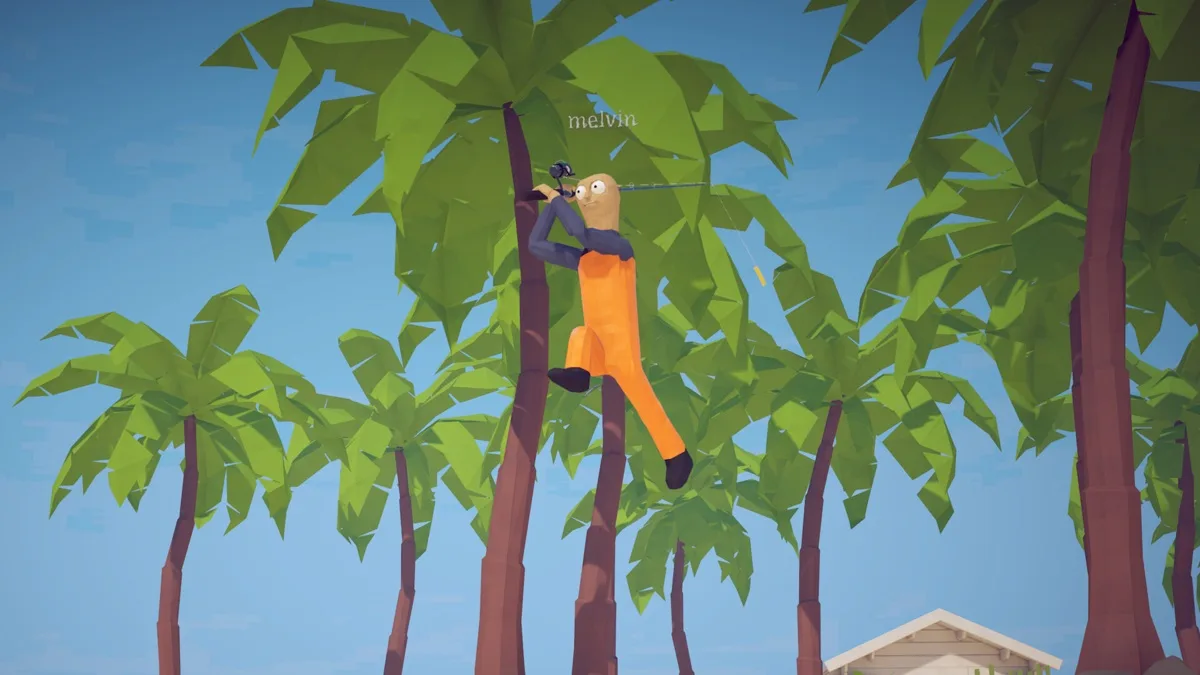 A How to Fish player climbing high above a tropical island