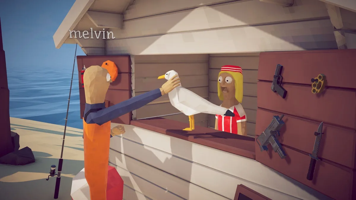 A player explores a weapon shop while carrying a seagull in How to Fish