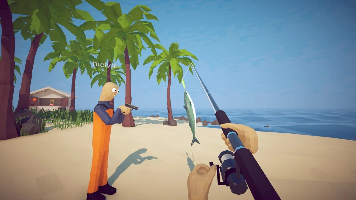 A player reels in a tuna beside a palm-lined beach in How to Fish