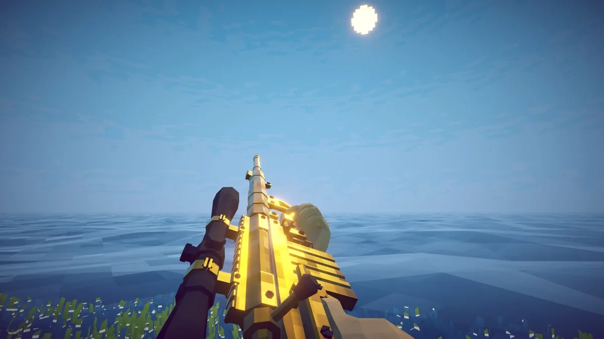 A player holds gold-colored weapons beside calm ocean water in How to Fish