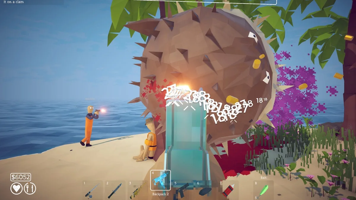 Players battle an exploding pufferfish as coins scatter across the beach