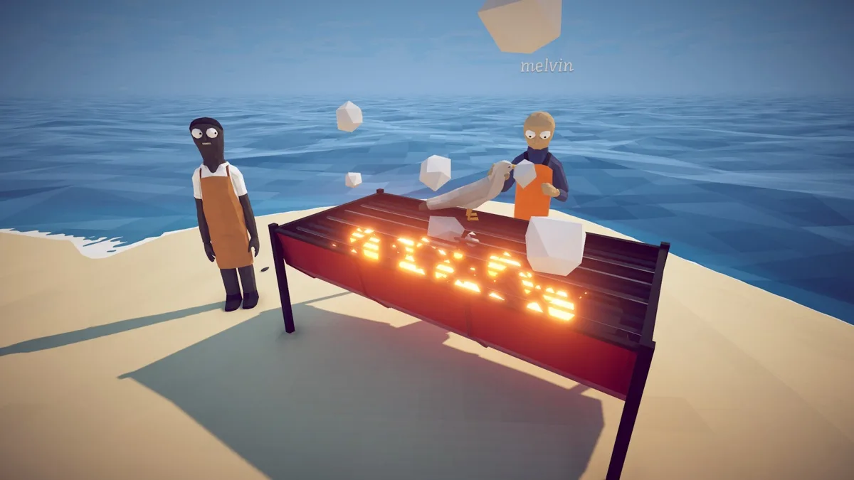 Two characters stand beside a glowing beach grill in How to Fish